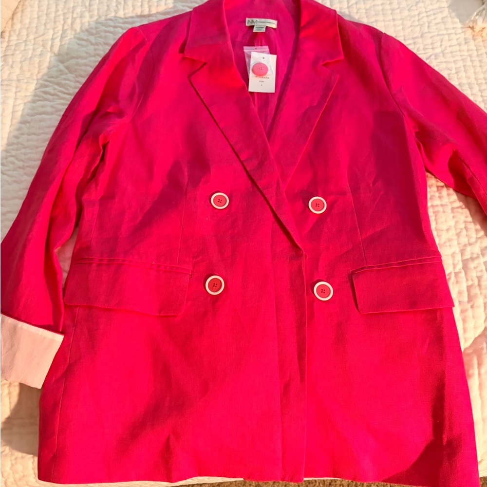 Neiman Marcus Bright Pink Double-Breasted Linen Blazer